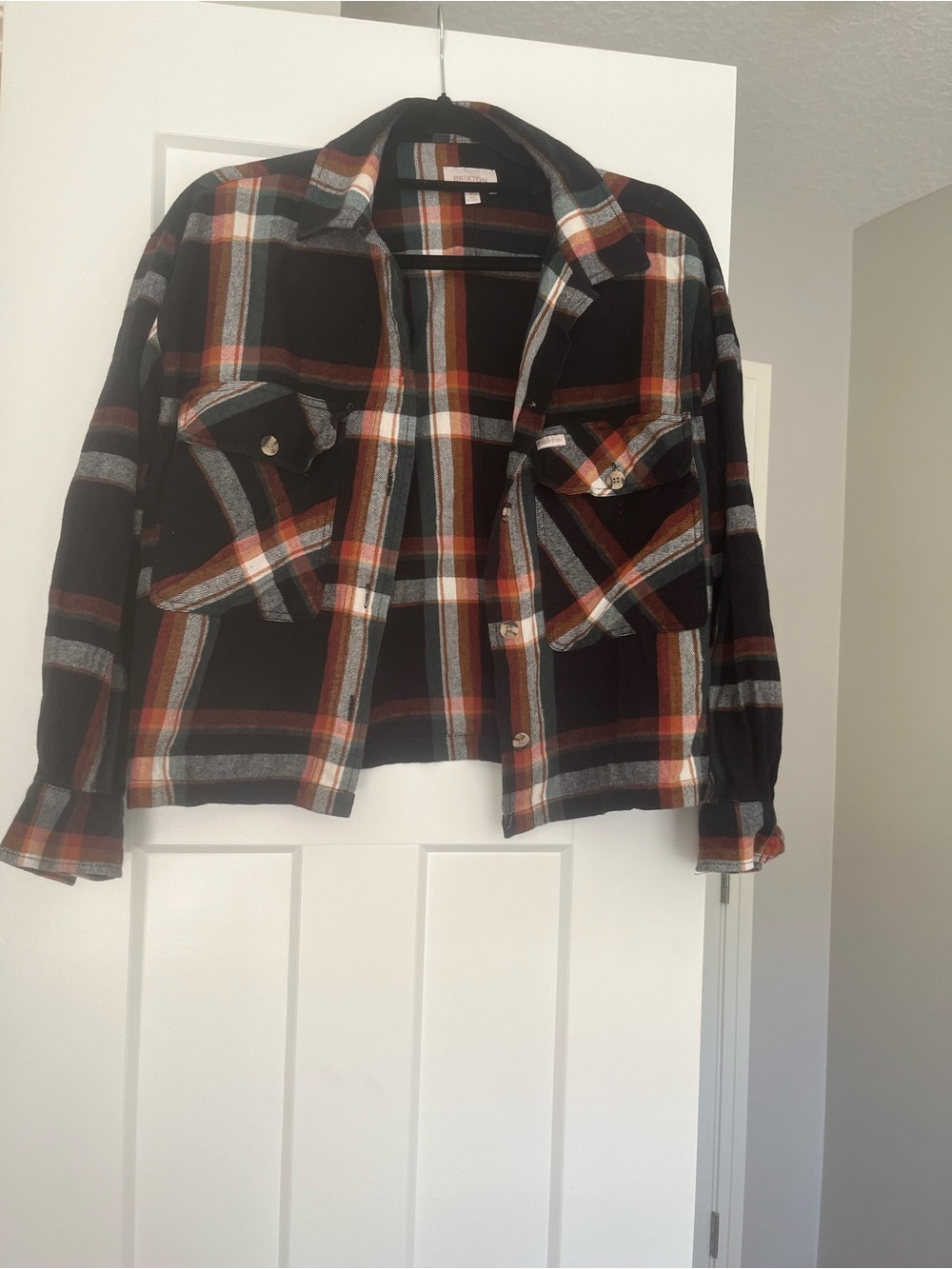 Brixton Cropped Plaid Flannel Shirt - Black, Orange, Green & Gray